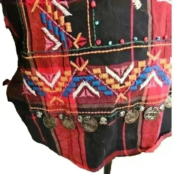 Zara Womens Red And Black Plaid Embroidered And Embellished Long Sleeve Top L - Picture 6 of 14